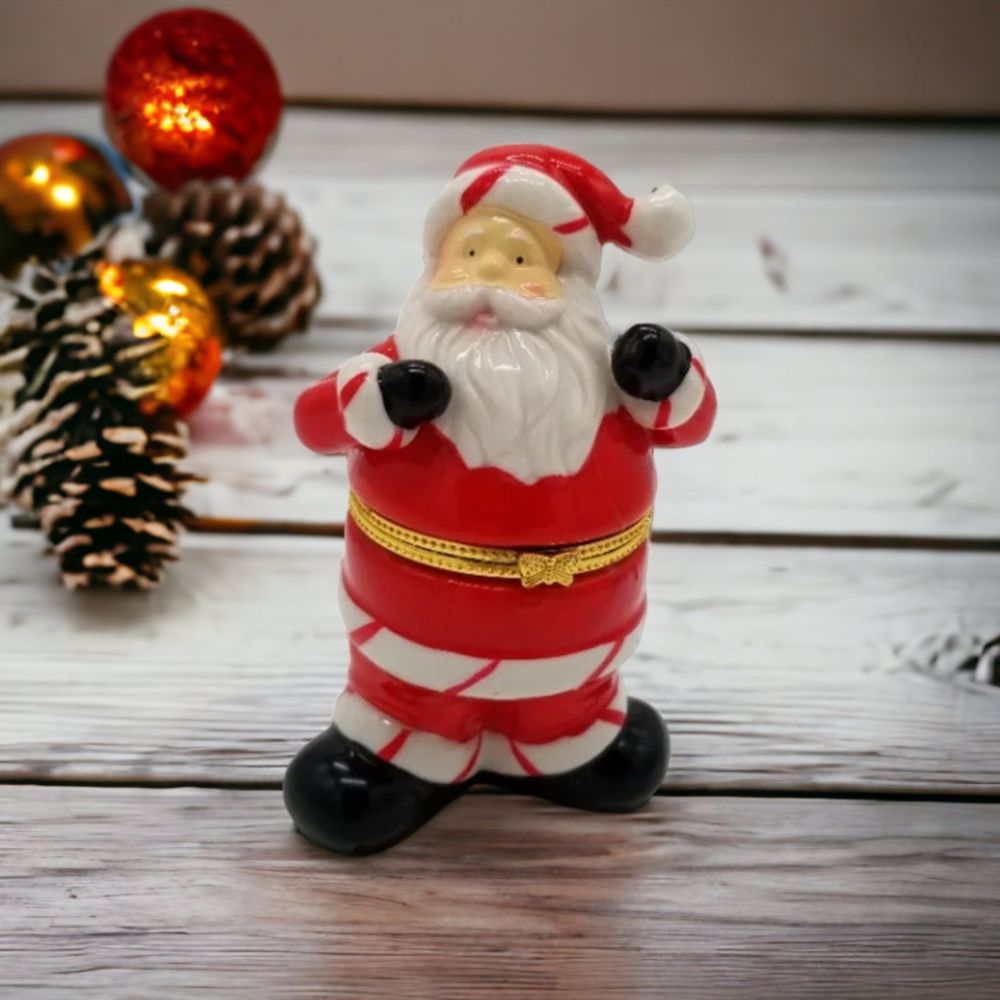Santa Red Striped Cuffs Hinged Trinket Box Holiday Porcelain Limoge